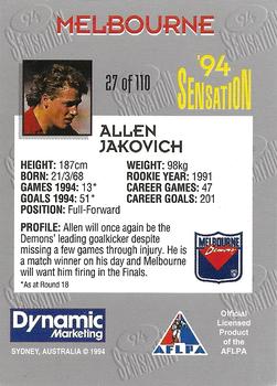 1994 AFL Sensation #27 Allen Jakovich Back